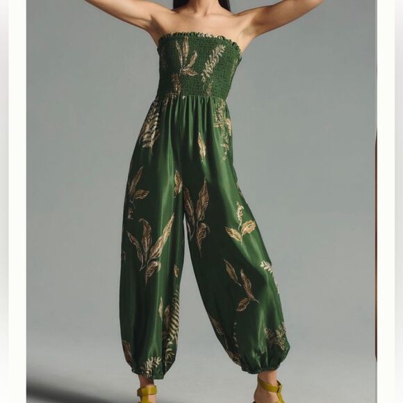 Anthropologie Olive Green Tropical Leaf Balloon Leg Smocked Sleeveless Jumper - Picture 2 of 16